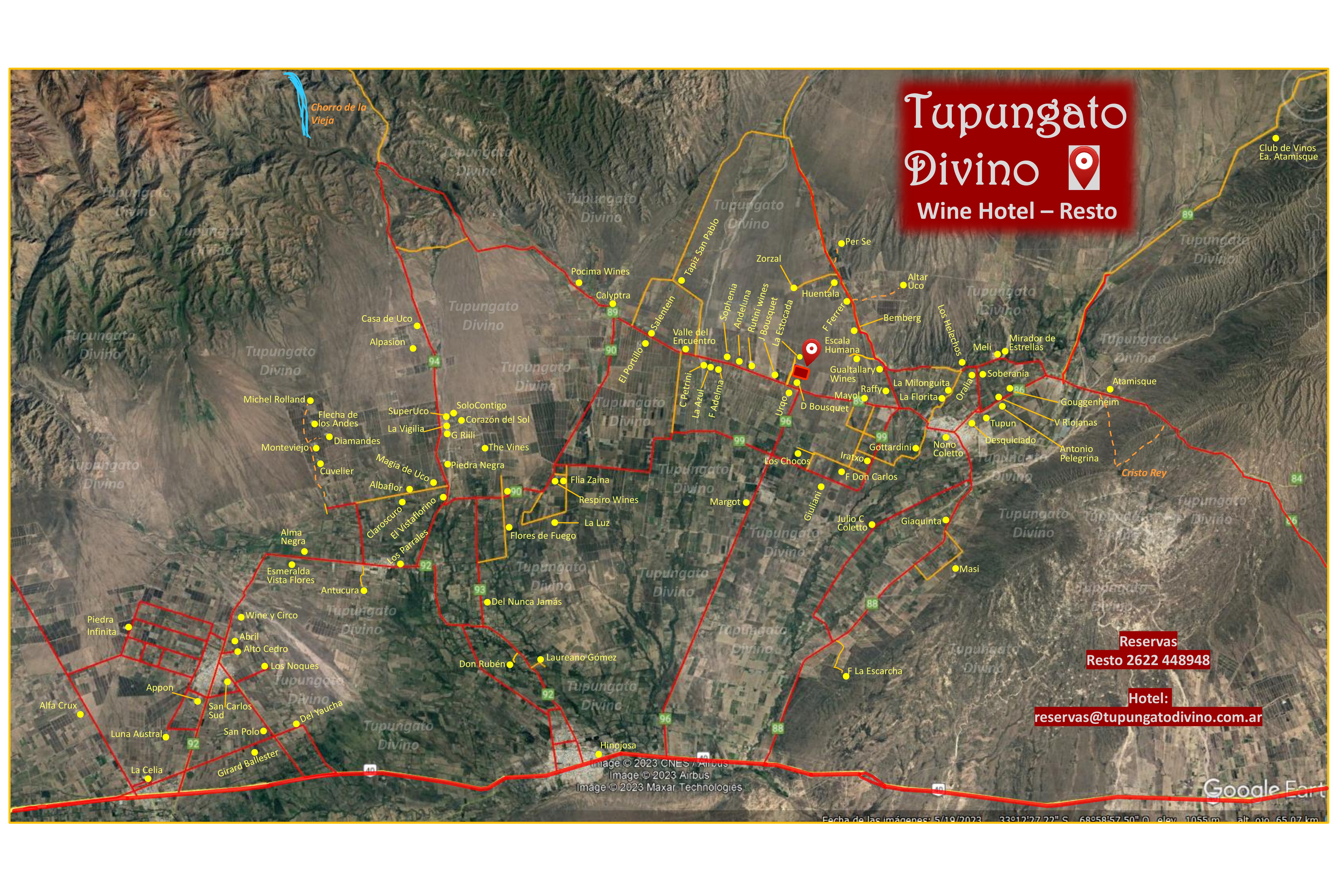 Mapa de bodegas del Valle de Uco alrededor de Tupungato Divino
